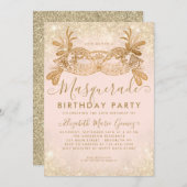 Invitation Masquerade Blush Rose Gold Parties scintillant fêt (Devant / Derrière)