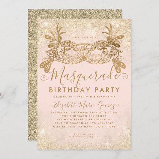 Invitation Masquerade Blush Rose Gold Parties scintillant fêt (Devant / Derrière)