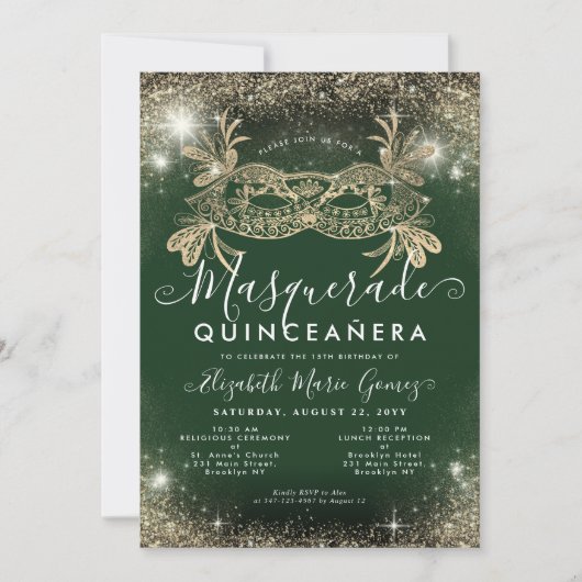 Invitation Masquerade Emerald Green Gold Parties scintillant  (Devant)