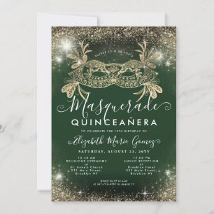 Invitation Masquerade Emerald Green Gold Parties scintillant 