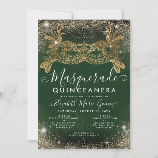Invitation Masquerade Emerald Green Gold Parties scintillant  (Devant)