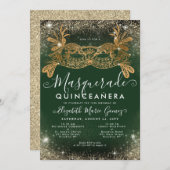 Invitation Masquerade Emerald Green Gold Parties scintillant  (Devant / Derrière)