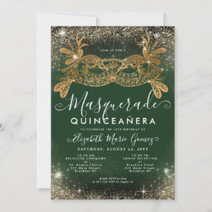 Invitation Masquerade Emerald Green Gold Parties scintillant
