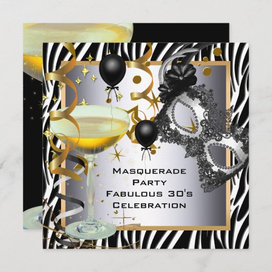 Invitation Masquerade Fabuleux 30e Zebra Silver Gold Noir (Devant / Derrière)