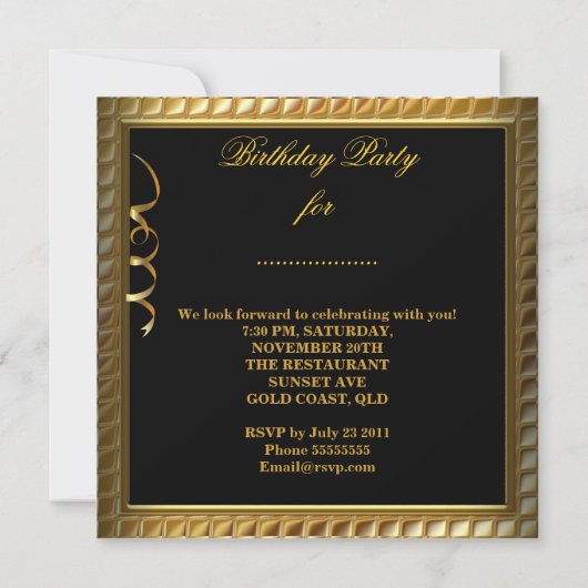 Invitation Masquerade Fabuleux 40 Gold Black fête d'anniversa (Dos)