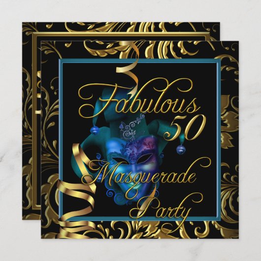 Invitation Masquerade Fabuleux 50 Gold Blue fête d'anniversai (Devant / Derrière)