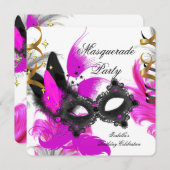 Invitation Masquerade fête Anniversaire rose Masque noir blan (Devant / Derrière)