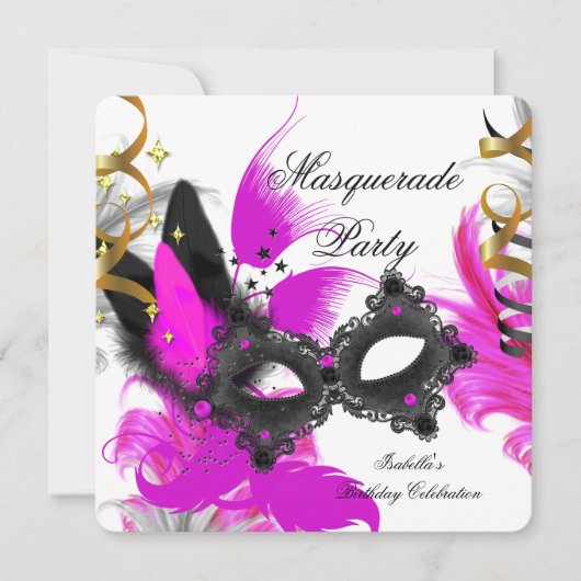 Invitation Masquerade fête Anniversaire rose Masque noir blan (Devant)