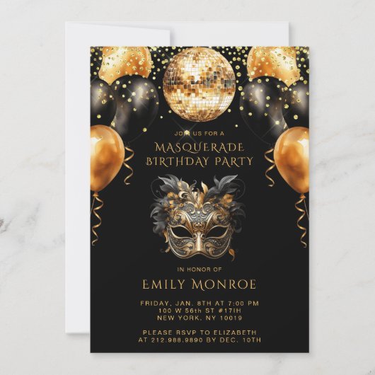 Invitation Masquerade fête d'anniversaire Black Gold Parties  (Devant)
