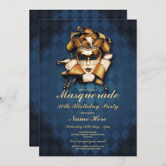 Invitation Masquerade fête d'anniversaire Blue Gold Mask Invi (Devant / Derrière)