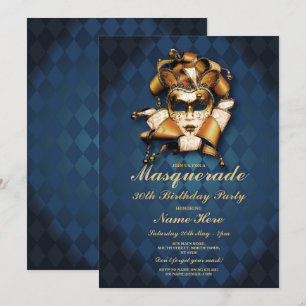 Invitation Masquerade fête d'anniversaire Blue Gold Mask Invi