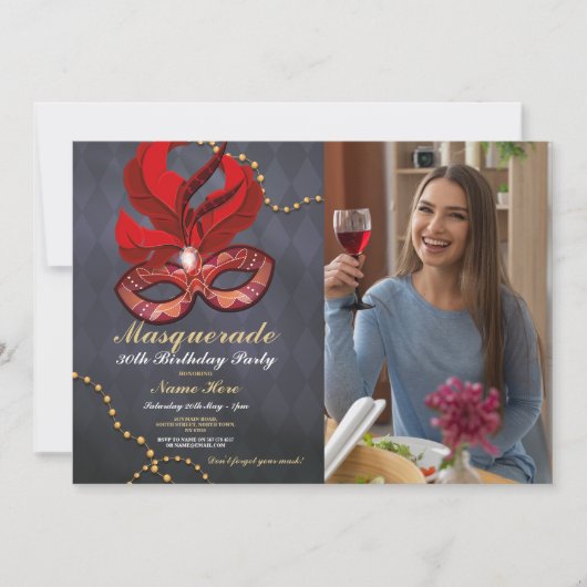 Invitation Masquerade fête d'anniversaire Gold Red Mask Photo (Devant)