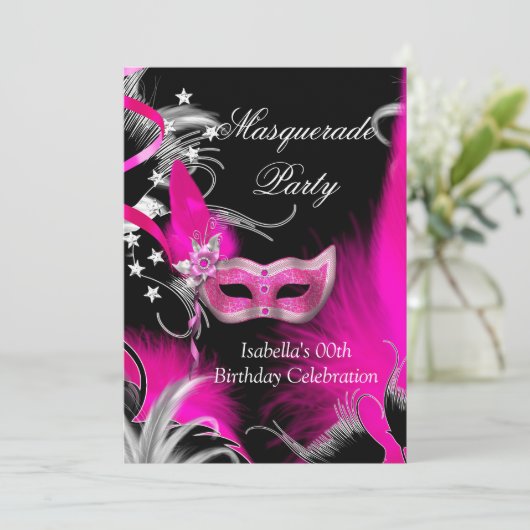 Invitation Masquerade fête d'anniversaire Hot rose Masque noi (Debout devant)
