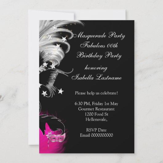 Invitation Masquerade fête d'anniversaire Hot rose Masque noi (Dos)