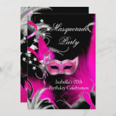 Invitation Masquerade fête d'anniversaire Hot rose Masque noi (Devant / Derrière)