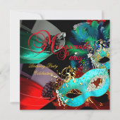 Invitation Masquerade fête d'anniversaire Rouge Turquoise Or (Devant)