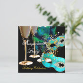 Invitation Masquerade fête d'anniversaire Turquoise Blue Gold (Debout devant)