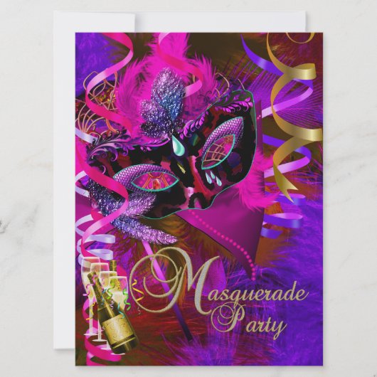 Invitation Masquerade Fête Masques Champagne Metallic (Devant)