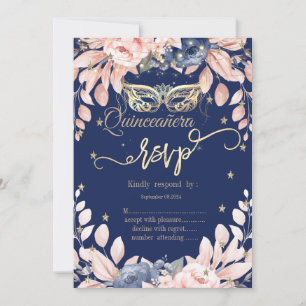 Invitation Masquerade,Fleurs Bleues,Etoiles Dorées RSVP