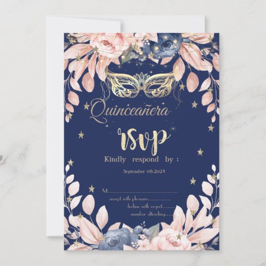 Invitation Masquerade, Fleurs Bleues Étoiles RSVP (Devant)
