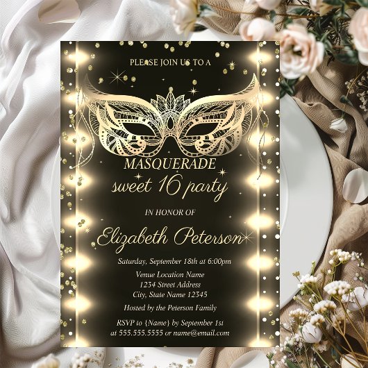 Invitation Masquerade Gold Diamonds Lights Sweet 16