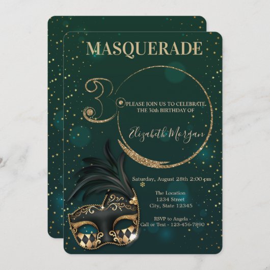 Invitation Masquerade Gold Parties scintillant Vert 30e anniv (Devant / Derrière)