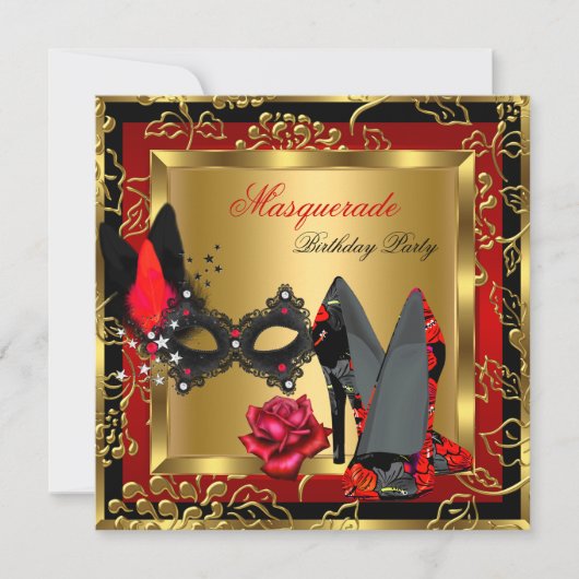 Invitation Masquerade Gold Red Black Haut Rose de masque (Devant)