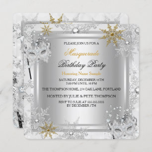 Invitation Masquerade Gold Snowflakes Silver Mask Party