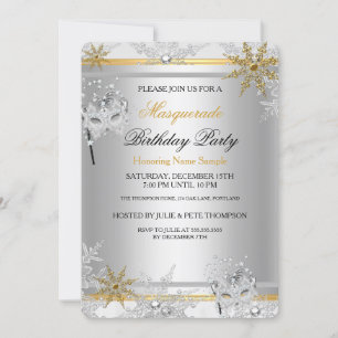 Invitation Masquerade Gold Snowflakes Silver Mask Party 2