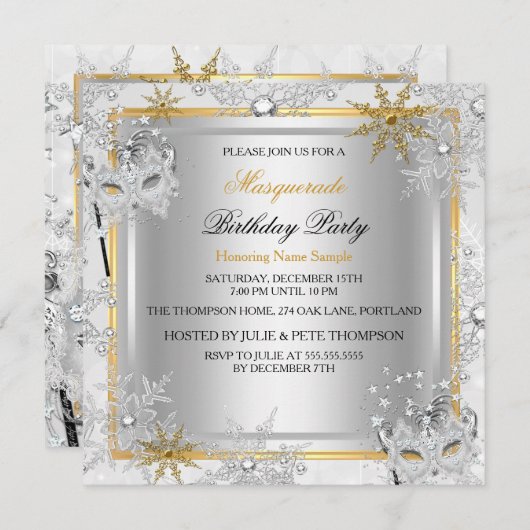 Invitation Masquerade Gold Snowflakes Silver Mask Party 2 (Devant / Derrière)