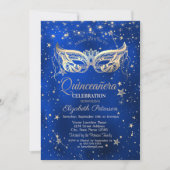 Invitation Masquerade,Gold Stars Blue Quinceañera  (Devant)