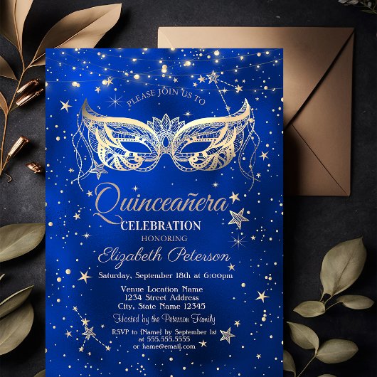Invitation Masquerade,Gold Stars Blue Quinceañera 