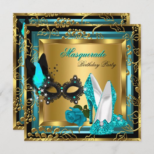 Invitation Masquerade Gold Turquoise Black Parties scintillan (Devant / Derrière)