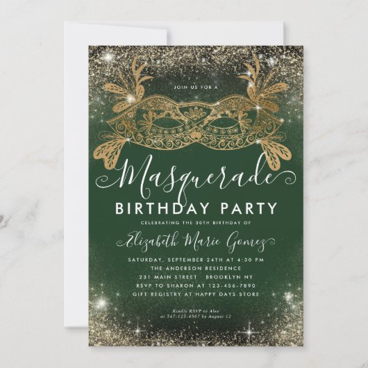 Invitation Masquerade Green Gold Parties scintillant Poussièr (Devant)