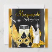 Invitation Masquerade Hi Heures Gold Black Champagne Party 2d (Devant)