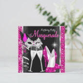 Invitation Masquerade Hi Heures Pink Black Champagne Party 2c (Debout devant)