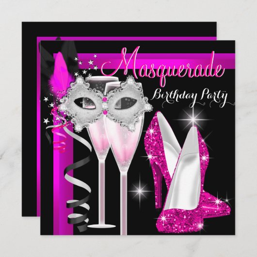 Invitation Masquerade Hi Heures Pink Black Champagne Party 3c (Devant / Derrière)