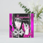 Invitation Masquerade Hi Heures Pink Black Champagne Party 3d (Debout devant)