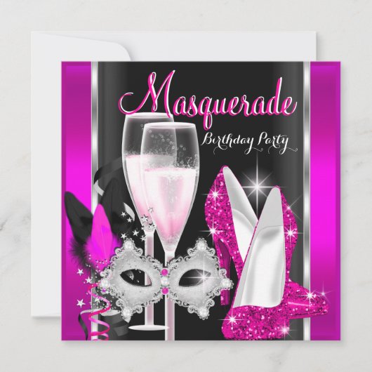 Invitation Masquerade Hi Heures Pink Black Champagne Party 3d (Devant)