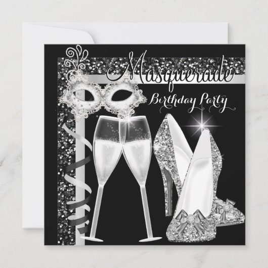 Invitation Masquerade Hi Heures Silver Black Champagne Party (Devant)