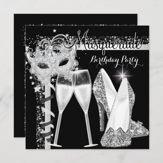 Invitation Masquerade Hi Heures Silver Black Champagne Party  (Devant / Derrière)