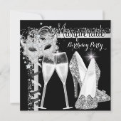 Invitation Masquerade Hi Heures Silver Black Champagne Party  (Devant)