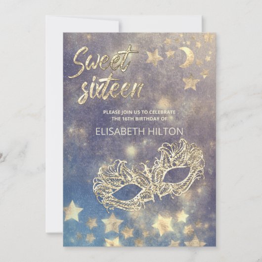 Invitation Masquerade lune & étoiles calligraphie sweet sixte (Devant)