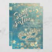 Invitation Masquerade lune & étoiles calligraphie sweet sixte (Devant / Derrière)