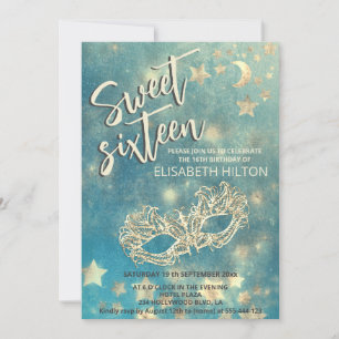 Invitation Masquerade lune & étoiles calligraphie sweet sixte