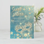 Invitation Masquerade lune & étoiles calligraphie sweet sixte (Debout devant)