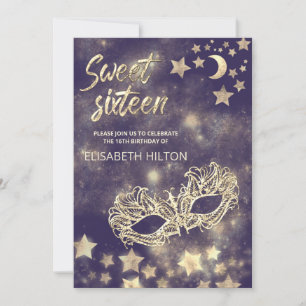 Invitation Masquerade lune & étoiles calligraphie sweet sixte