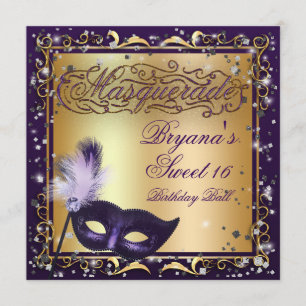 Invitation Masquerade Mask Gold & Purple Birthday Party