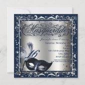 Invitation Masquerade Masque Argent et Royal Bleu fête d'anni (Dos)