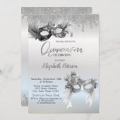 Invitation Masquerade Masque Glitter Drips Silver Quinceanera (Devant / Derrière)